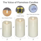 TECHLONG 3 Pack Flickering Flameless Candles Battery Operated with Timer, 3D Moving Flame Last 1000+ Hours, Ivory Real Wax Electric LED Pillar Candle for Wedding Christmas Decorations