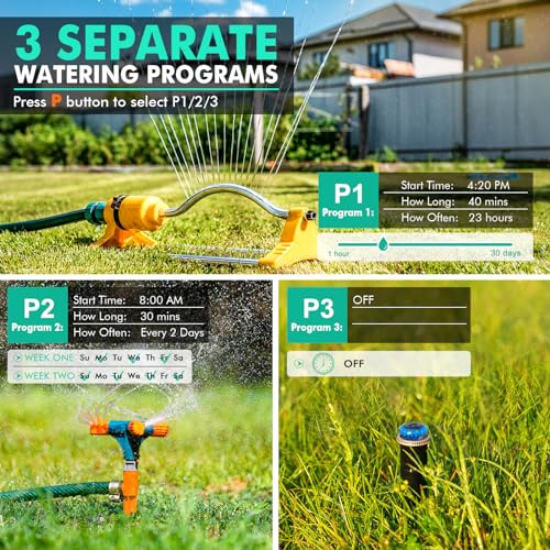 RESTMO Sprinkler Timer with Brass Inlet & Outlet, 3 Separate Programs Hose Timer, Programmable Water Timer for Garden Hose, Manual | Rain Delay | Automatic Watering System for Drip Irrigation and Lawn