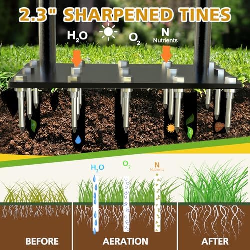 Lawn Aerator Spike Metal Manual Dethatching Soil Aerating Lawn with 15 Iron Spikes, Pre-Assembled Grass Aerator Tools for Yard, Lawn Aeration, Garden Tool, Revives Lawn Health（Black + Yellow01）