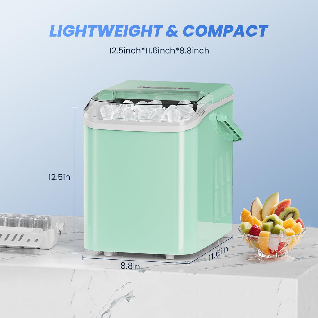 NEWBULIG Ice Makers Countertop with Handle, Portable Ice Machine, 9 Bullet Ice Cubes in 6 Mins, 26lbs in 24Hrs, Auto-Cleaning, with Basket and Scoop, for Home, Kitchen, RV, Camping,Green