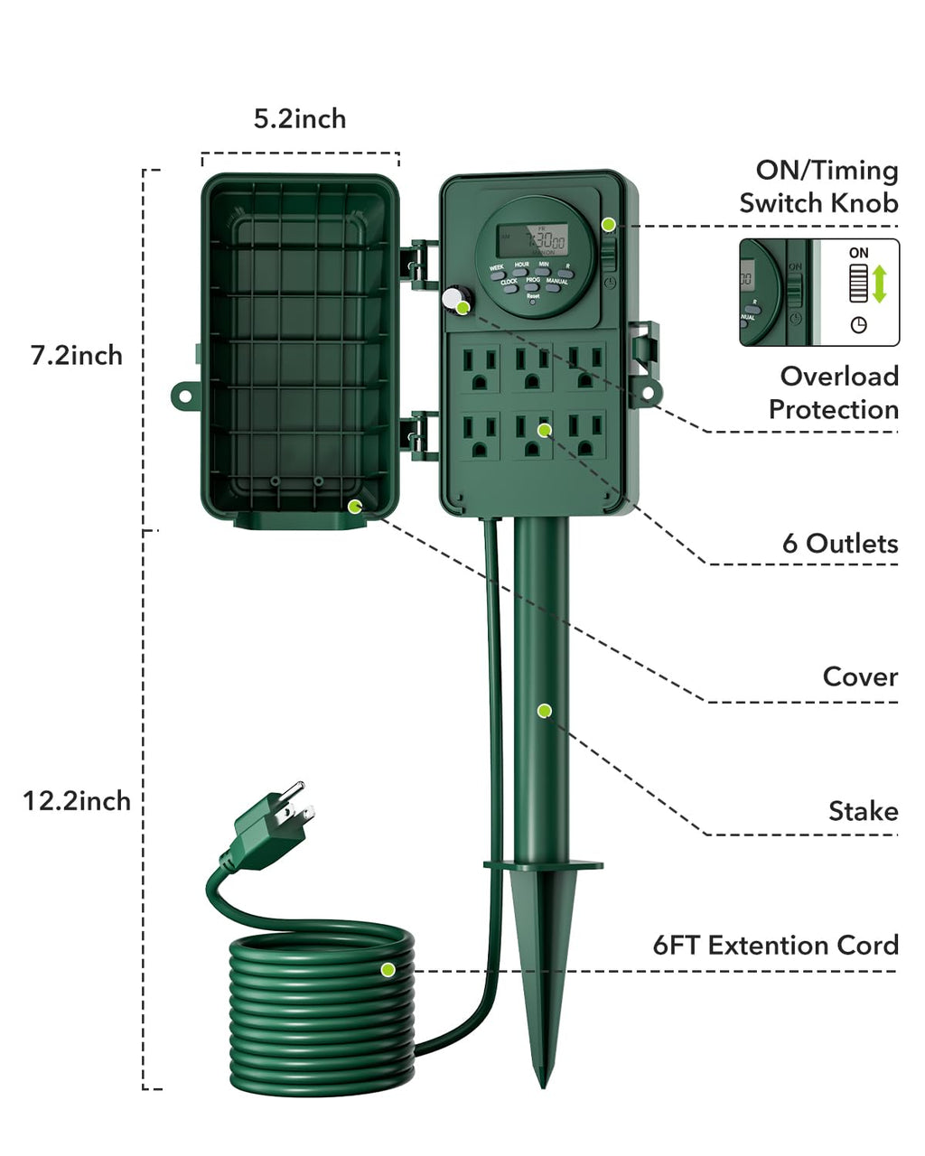 BN-LINK 7 Day Heavy Duty Outdoor Digital Stake Timer, 6 Outlets, Weatherproof, Perfect for Outdoor Lights, Sprinklers, Christmas Lights