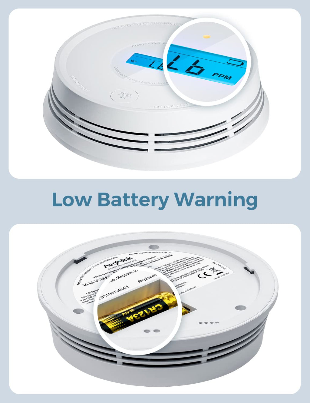 AEGISLINK Smoke Carbon Monoxide Detector, Interlinked Combination Smoke CO Alarm, Battery Powered, Wireless Interconnected, Digital Display, SC-RF220, 3-Pack