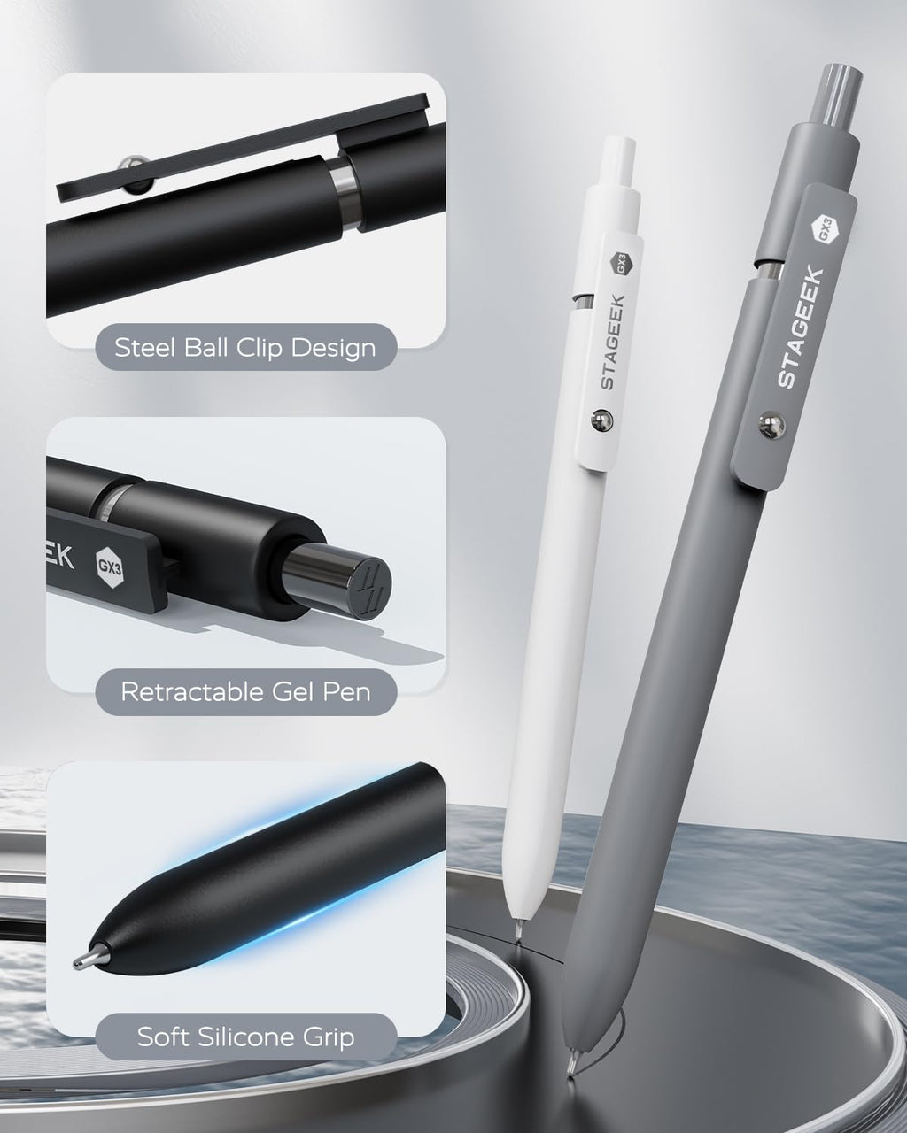 Black Gel Pens GX3, 6 Pcs Fine Point Smooth Writing Pens with 3 Extra Refills, Quick Dry Black Ink Pens for Journaling, Office, Note Taking, School Supplies, Nurse Aesthetic(Black Gray White)