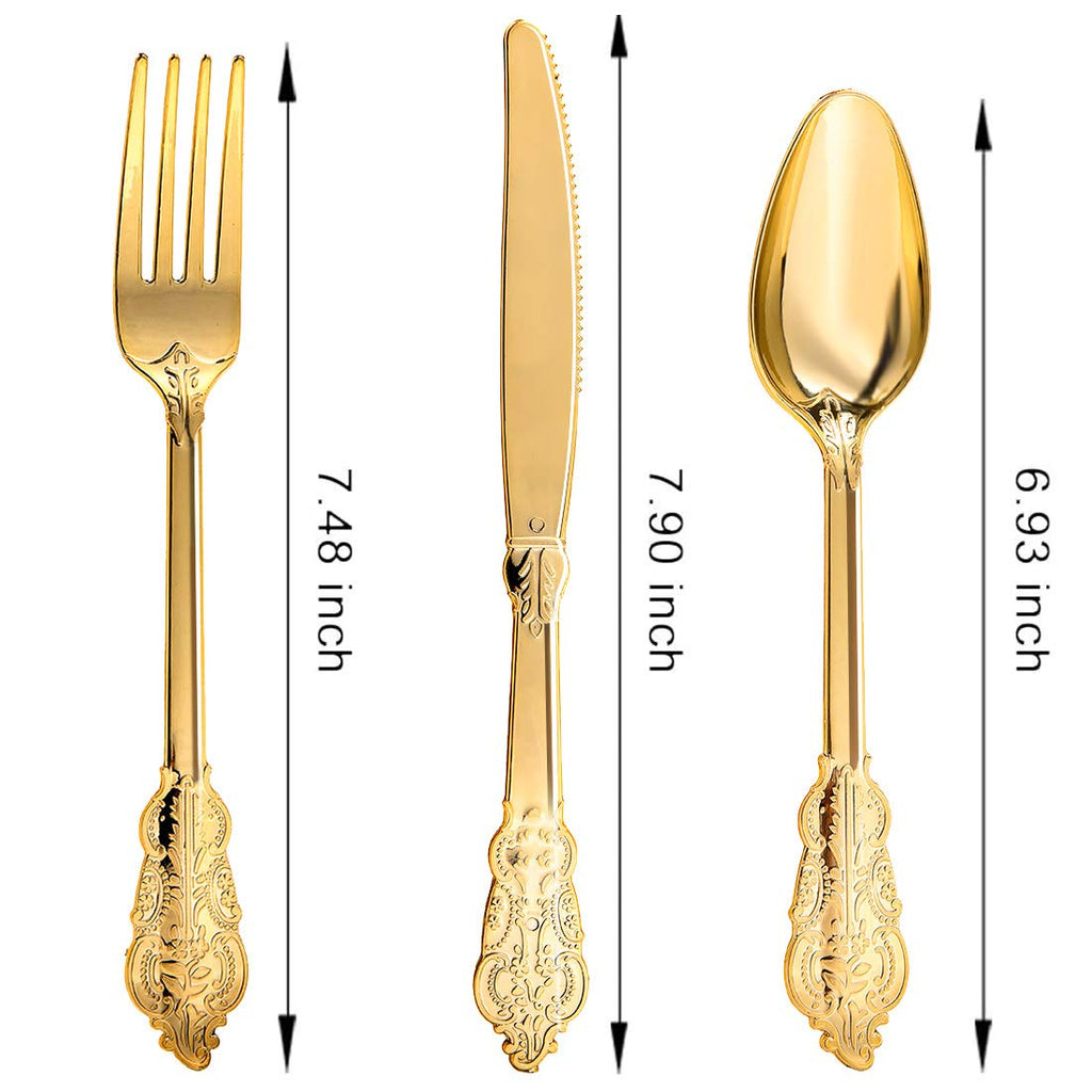 N9R 300pcs Gold Plastic Silverware Dinnerware Flatware- Heavyweight Plastic Cutlery Set, 100 Forks, 100 Spoons, 100 Knives, Gold Utensils for Party, Thanksgiving, Christmas
