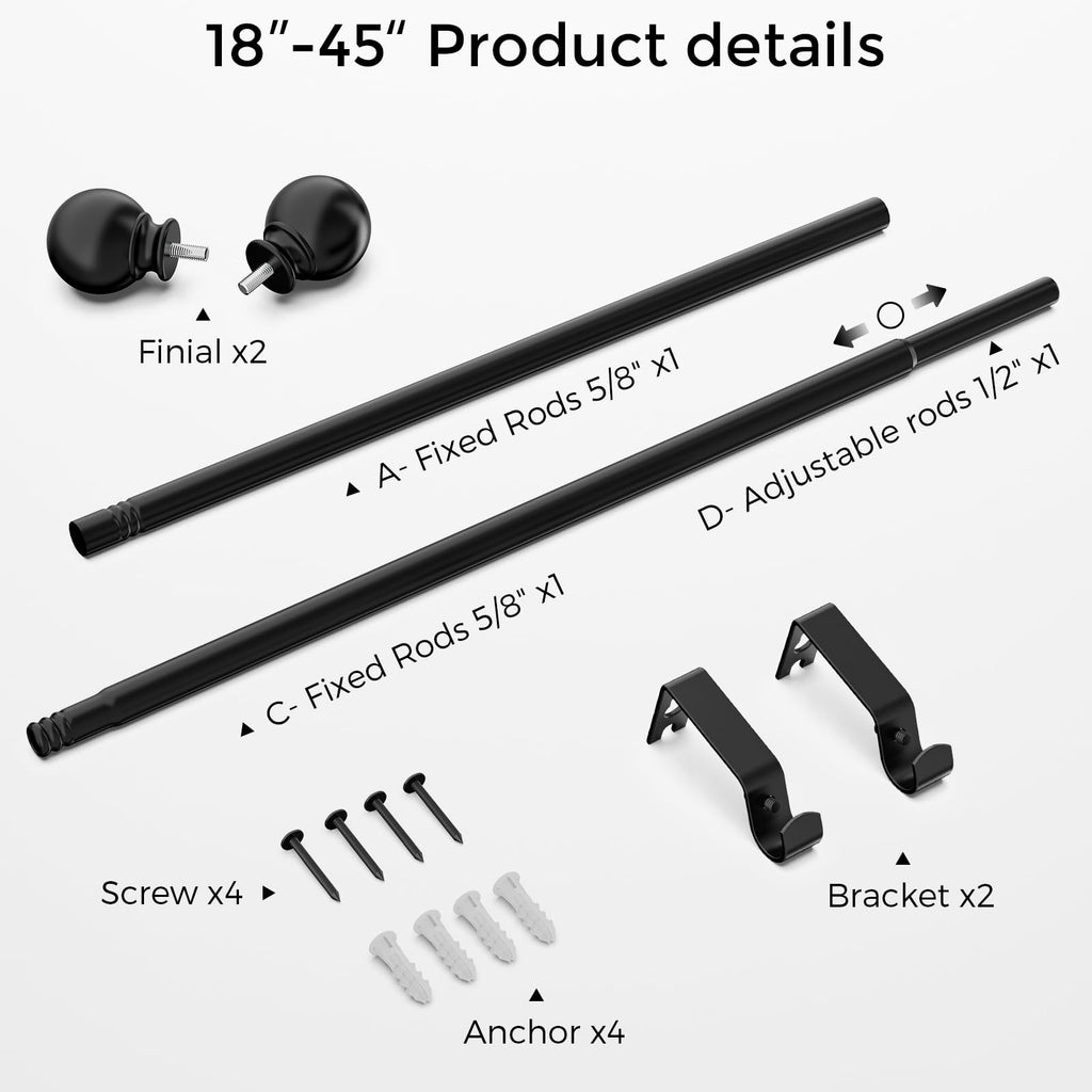 Curtain Rod for Windows 18-45 Inch, Black 5/8 Inch Small Window Treatment Rods, Short Adjustable Splicing Drapery pole, Matte Black