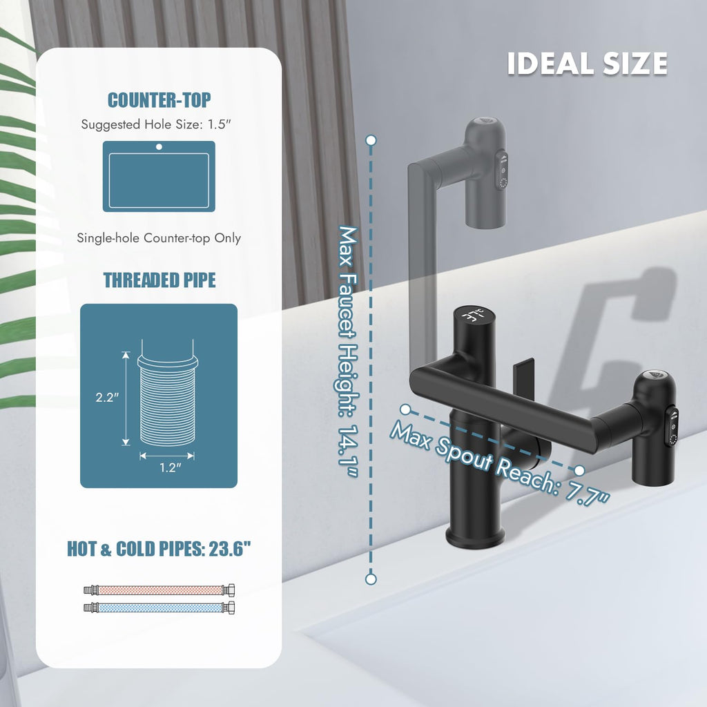 Lefton Rotatable Bathroom Faucet with Temperature Display (Batteries-Free), 3 Water Outlet Modes, Matte Black, BF2204-3