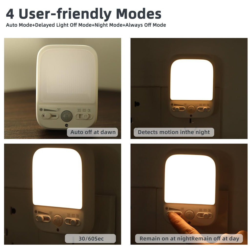 LED Night Light Plug into Walls, Plug-in, Dusk to Dawn Motion Sensor with 4 Lighting Modes, Brightness Adjustable Warm White, Energy Efficient, Ideal Nightlight for Elderly, Baby, Kids (1 Pack)