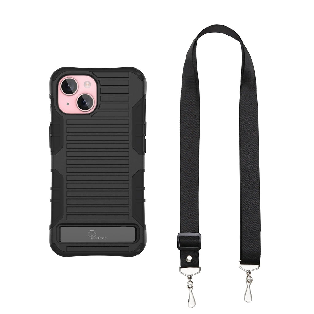 E-Tree for iPhone 15 Case, with Crossbody Strap and Stand, Protective Shockproof Hard Phone Case Black, Perfect for Go Outside and Kid Elderly