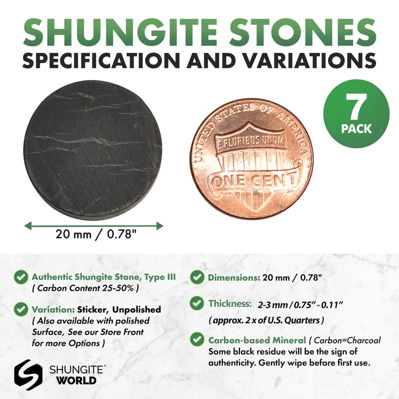Shungite World 7 pcs Shungite Sticker for Cell Phone Case Tablet Laptop Computer - Round Dot Healing Energy Shungite Stones Protection Plate with Carbon Fullerenes (Unpolished, 20 mm / 0.78")