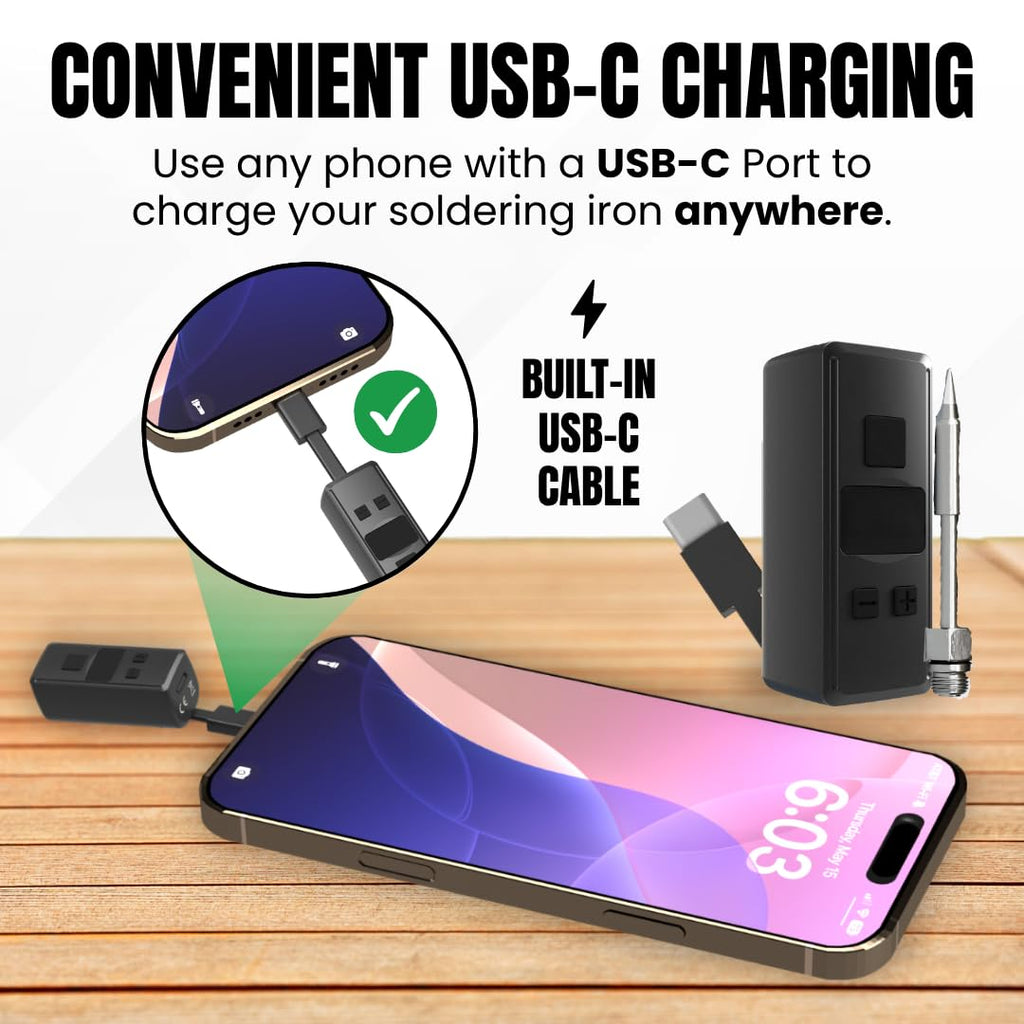 Mini Rechargeable Soldering Iron Pen, with Built-In USB C Battery Cable, Adjustable Voltage 1.5v-4.2v, LED Display, Removable Thread Burner Tip (Black)