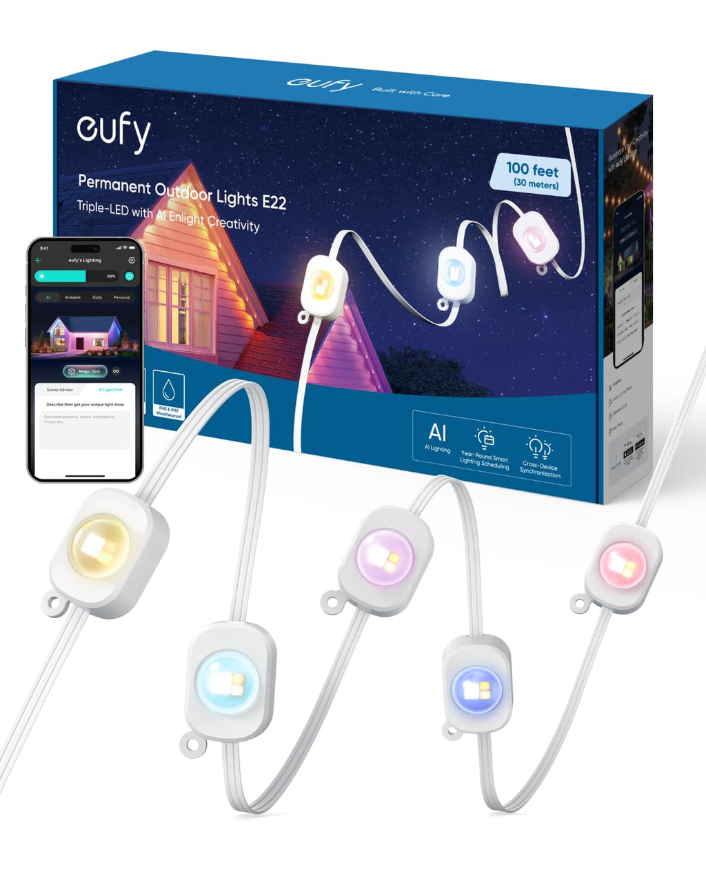 eufy Permanent Outdoor Lights E22, 100ft with 60 Triple-LED Lights, Smart RGBWW Lights, Daily and Festive, Up to IP67 Waterproof, AI Lighting Themes for Halloween, Christmas Lights, Links with Cameras
