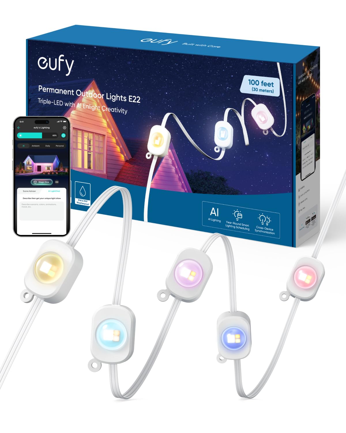 eufy Permanent Outdoor Lights E22, 100ft with 60 Triple-LED Lights, Smart RGBWW Lights, Daily and Festive, Up to IP67 Waterproof, AI Lighting Themes for Halloween, Christmas Lights, Links with Cameras