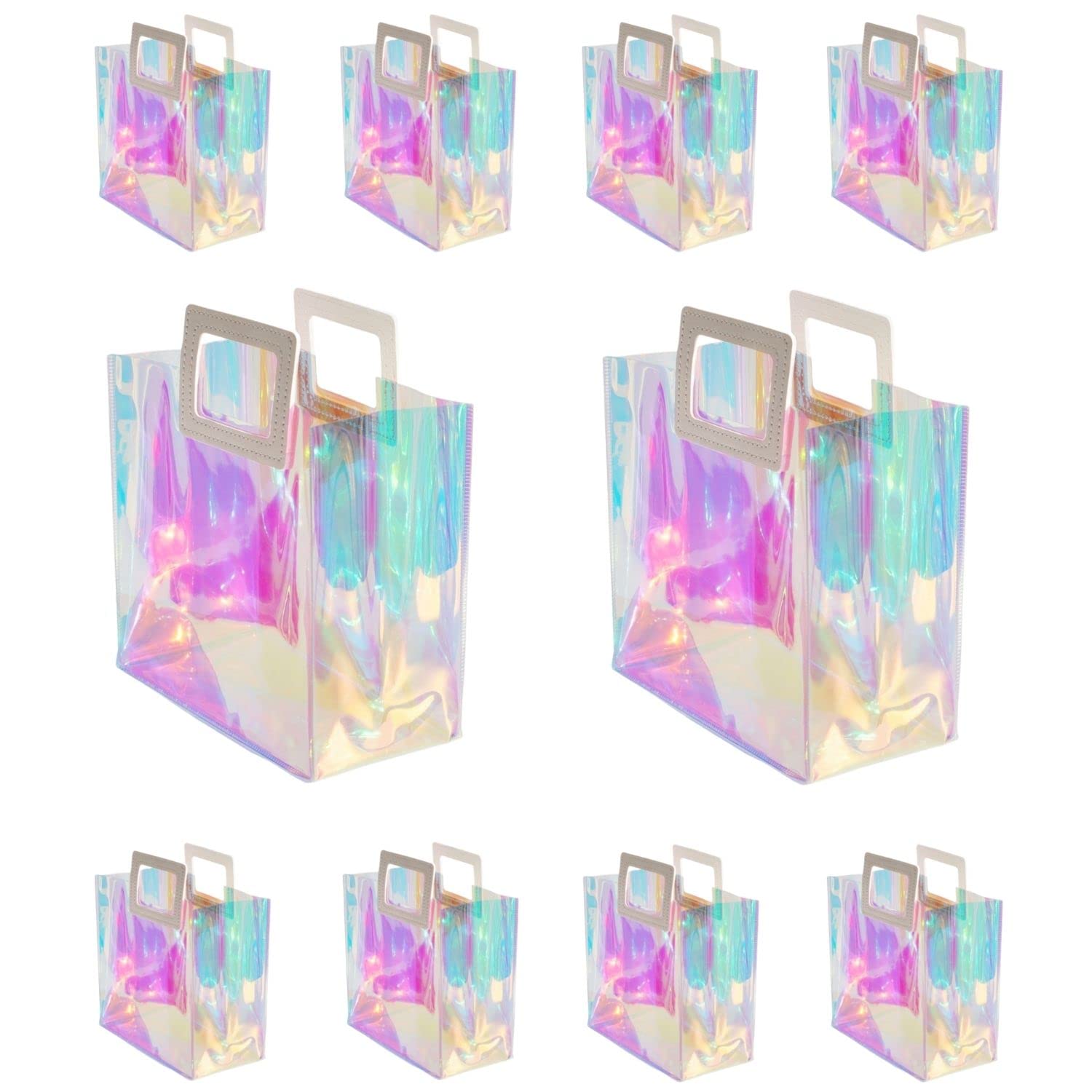 VUOJUR 10pcs Holographic Small Gift Bags 8.3x8x4'' Clear Reusable Birthday Gift Bags for Women Girl Iridescent Christmas Gift Bags with Handle