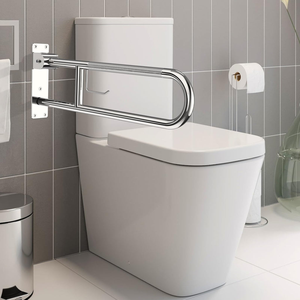 Toilet Grab Bar 30.3 Inch, YuanDe Flip Up Grab Bar with Paper Holder, Polished Chrome Anti-Slip Safety Bars for Toilet, Stainless Steel Knurled Toilet Handles for Seniors Disabled Elderly Pregnant