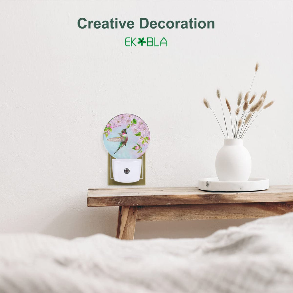 EKOBLA Bird Night Light Spring Hummingbird Pink Flowers Cherry Blossoms Night Lights Plug into Wall Auto on/Off, Indoor Plug-in Wall Light Sleep Friendly for Boys Girls Seniors Elderly
