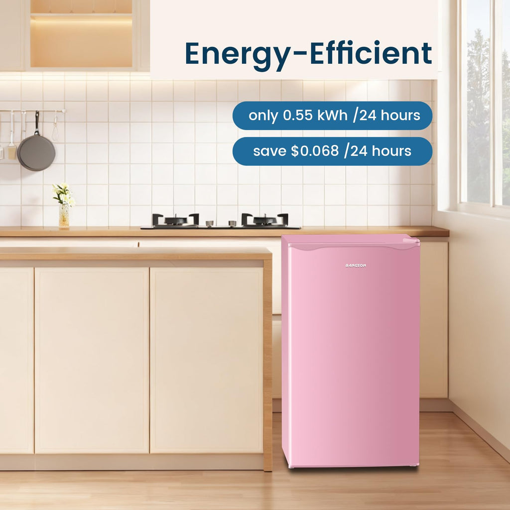 BANGSON Mini Fridge with Freezer, 3.2Cu.Ft, Single Door Small Refrigerator, Energy-efficient, Low Noise, Mini fridge for Bedroom Dorm and Office, Pink