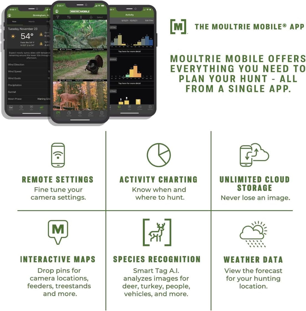 Moultrie Edge Cellular Trail Camera - Auto Connect - Nationwide Coverage - HD Video-Audio - Built in Memory - Cloud Storage - 80 ft Low Glow IR LED Flash