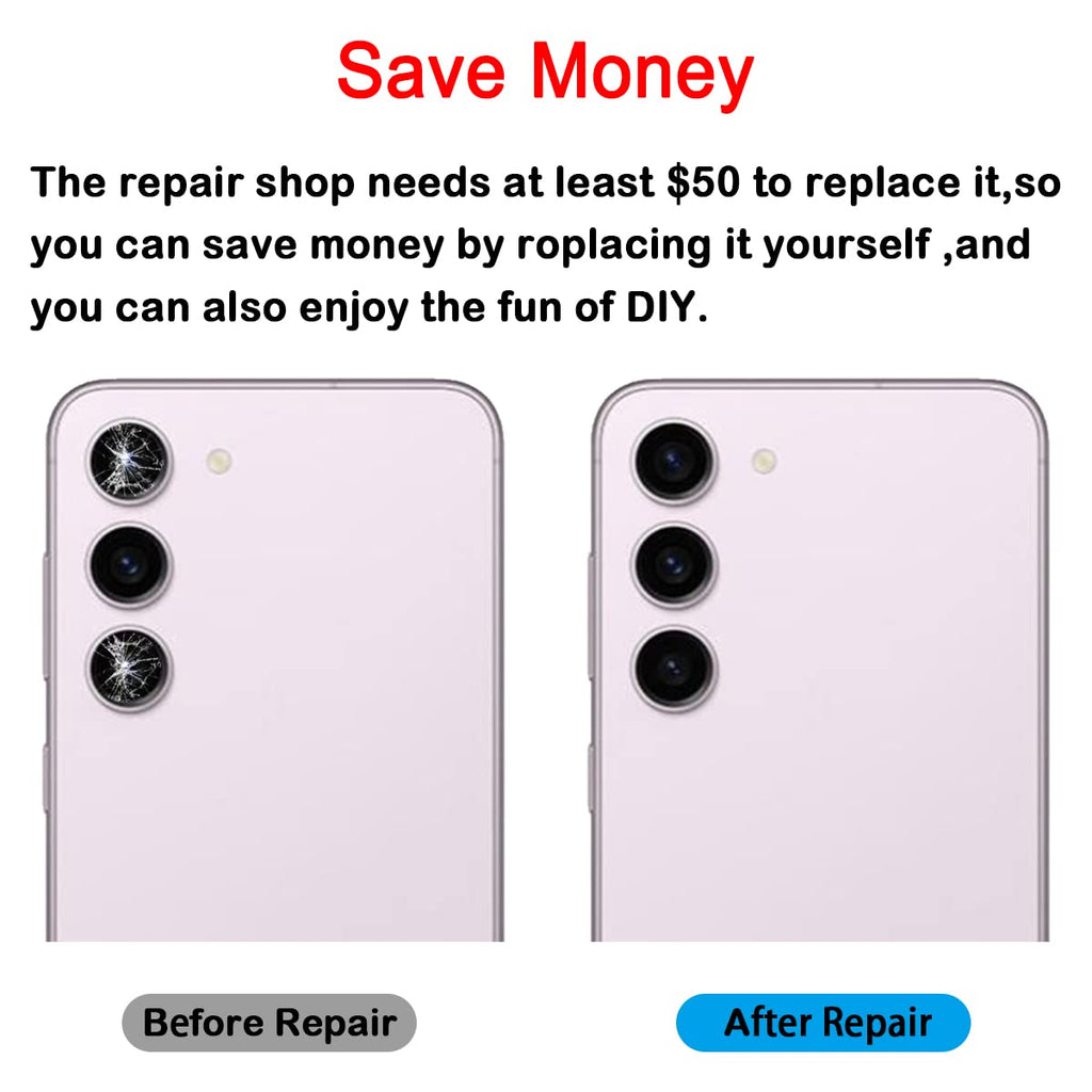 Phoupair 2 Set Back Rear Camera Glass Lens Replacement for Samsung Galaxy S23 and S23+ Plus (All Carriers) with Adhesive Preinstalled with Repair Tool Kit
