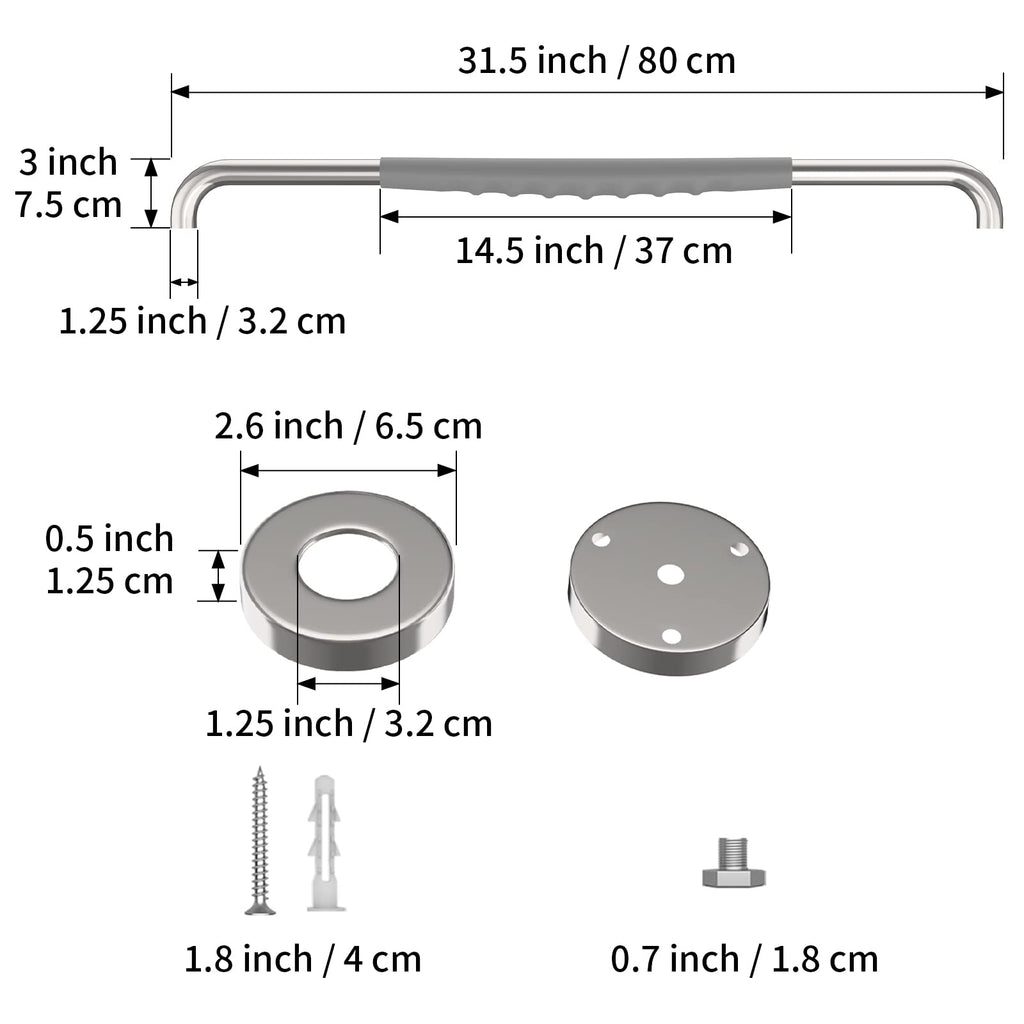 32 Inch Anti Slip Shower Grab Bar, Munzong Chrome Stainless Steel Bathroom Grab Bar w/Gray Rubber Grip, Bathroom Balance Bar,Safety Handrail Support,Handicap Elderly Senior Assist Bath Handle