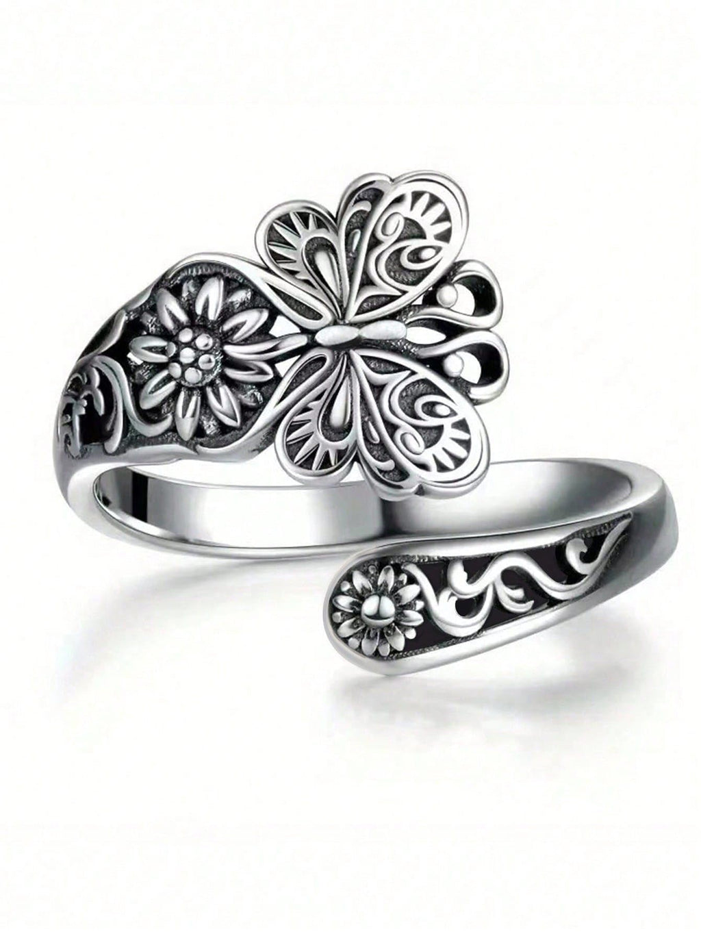 1 PC Silver Floral Open Ring for Women, Elegant Design Stacking Finger Ring, Adjustable Band for Everyday Wear, Suitable for Daily Wear and Special Occasions, Timeless Fashion Accessory