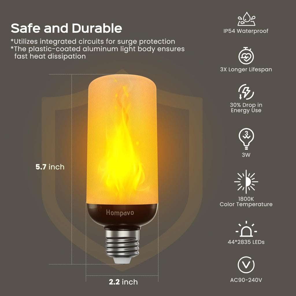 Hompavo Gen2 LED Flame Light Bulbs, Like Real Fire 4-Mode Flickering Light Bulbs with Upside Down Effect, E26 Flame Bulb for Halloween Christmas Party Patio Porch Home Indoor & Outdoor Decorations, 4