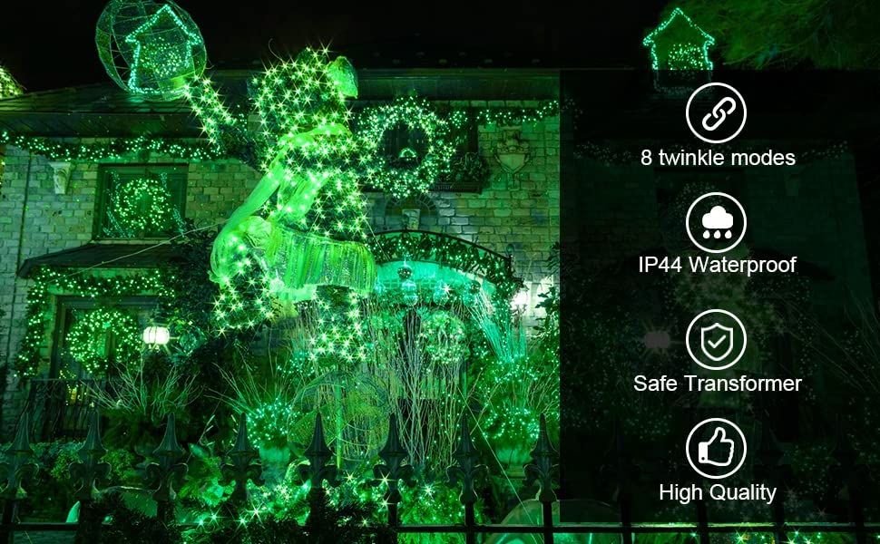 kemooie 300 LED Green String Lights, 99 FT 8 Twinkle Modes Connectable Plug in Green Wire Fairy Lights, Waterproof Christmas Lights for Party Irish St Patrick's Day Decorations (Green)