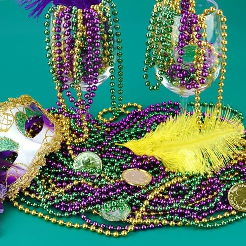 Mardi Gras Beads Bulk, 144 Pcs Mardi Gras Beads Necklaces 33'' 7 mm Metallic Gold Green Purple Bead Necklaces Mardi Gras Accessories Throw Beads in Bulk for Mardi Gras, Christmas, Party Favors