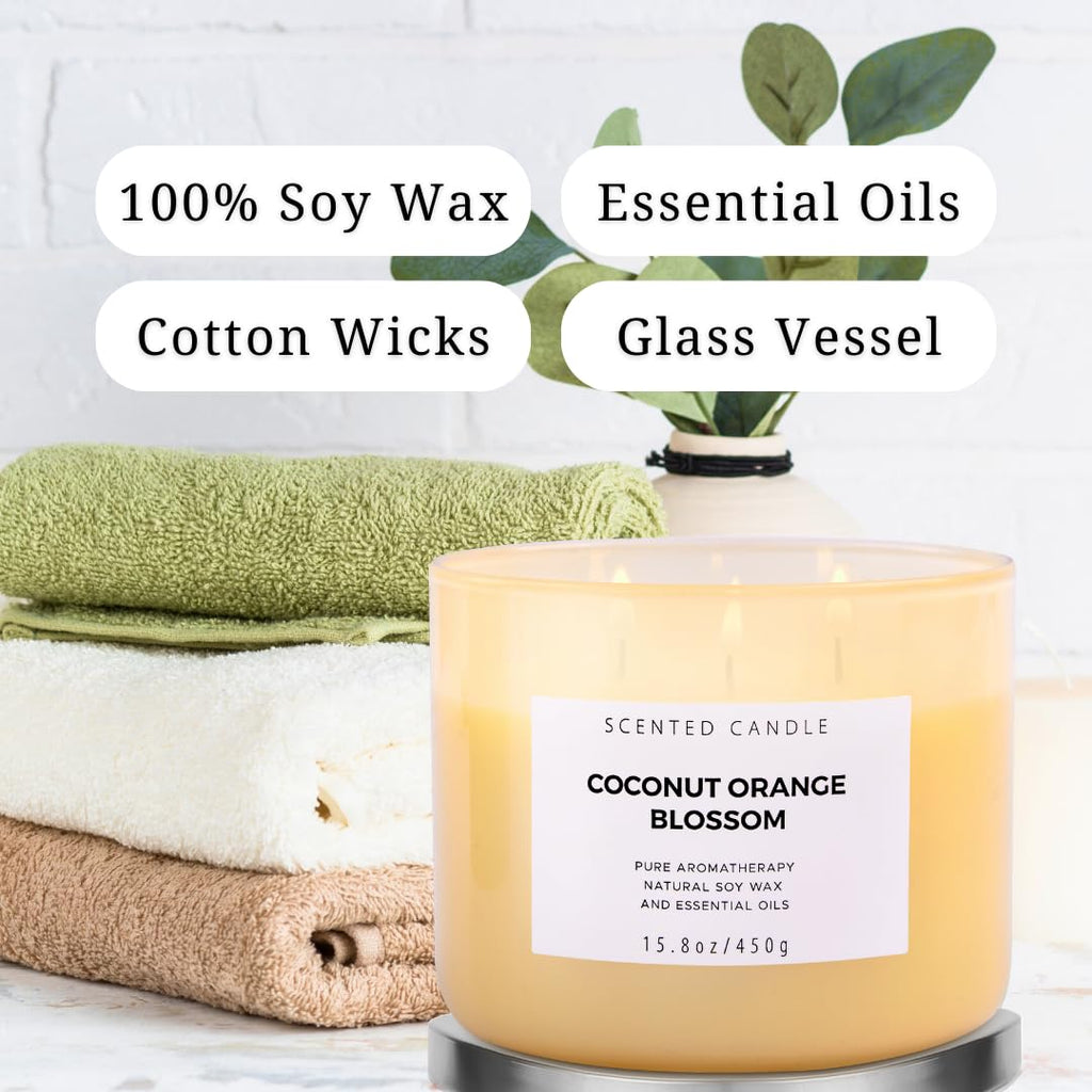 Coconut Orange Blossom 3 Wick Spring Candle - Highly Scented Soy Candles for Home - Large Stress Relief Candles –Aromatherapy Relax Candles for Women & Men 15.8 oz - Clean Burning Soy Candles