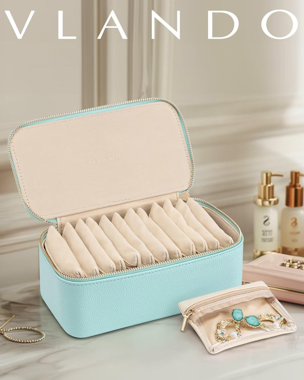 Vlando Jewelry Box Organzier for Travel,12 Pcs Velvet Jewelry Bags,Faux Leather Jewelry Case for Earrings Necklace Rings,Valentine's Day,Birthday, Wedding, Christmas gift Lake Blue