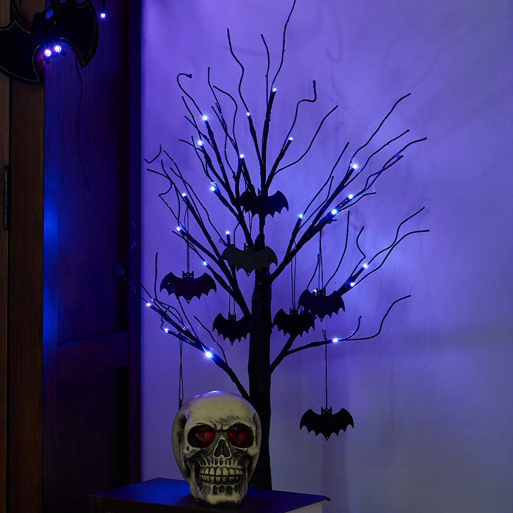 PEIDUO Halloween Decorations, 2FT Black Halloween Tree with 24 Purple Lights and 8 Bat Ornaments, Light up Halloween Decorations with Timer for Indoor Home Desk Table Decor Battery Powered