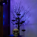 PEIDUO Halloween Decorations, 2FT Black Halloween Tree with 24 Purple Lights and 8 Bat Ornaments, Light up Halloween Decorations with Timer for Indoor Home Desk Table Decor Battery Powered