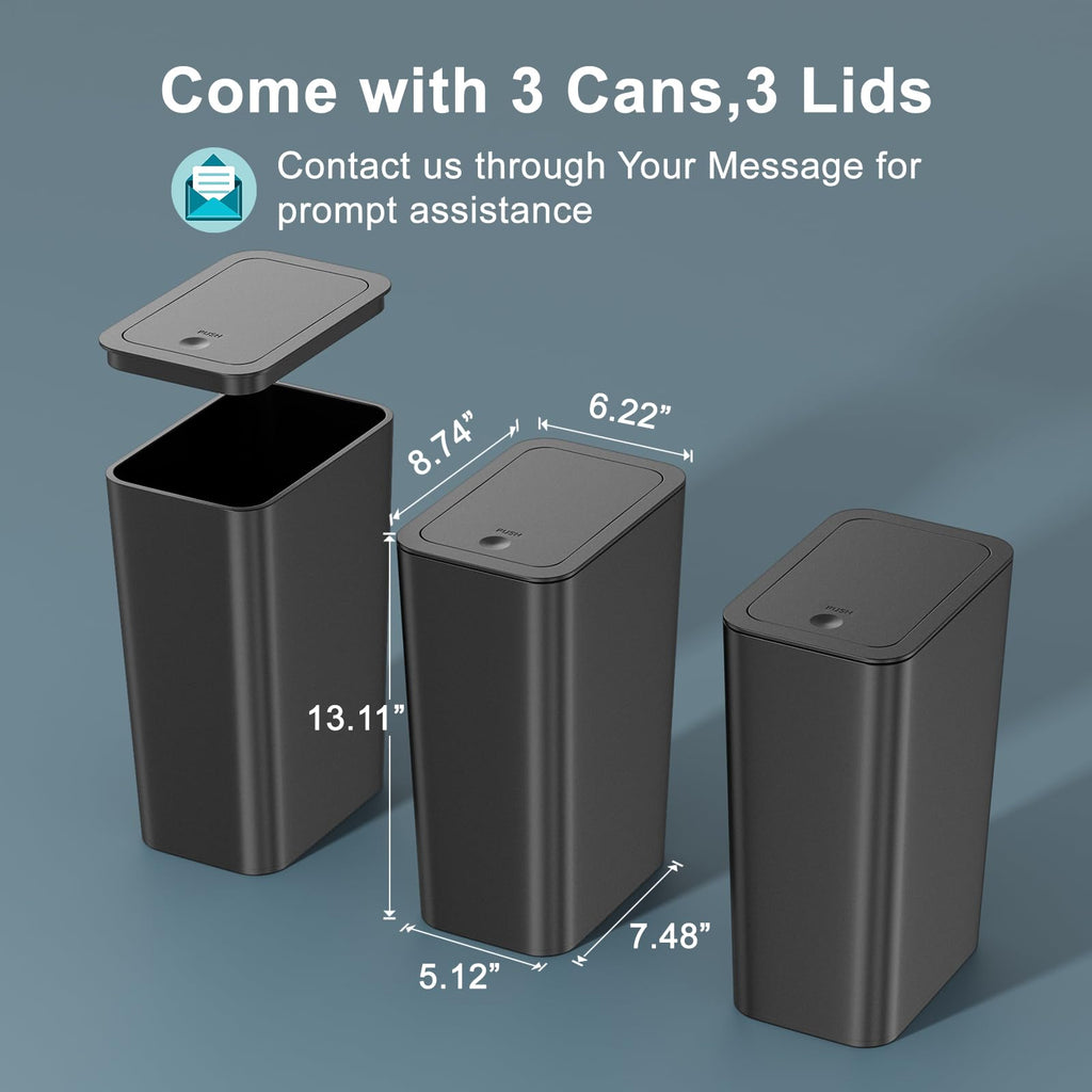 3 Pack 10 Liter Small Trash Can with lid, 2.6 Gallon,Garbage Can Slim Trash Bin Waste Basket for Bathroom,Kitchen,Bedroom,Living Room,Office,Laundry - Black