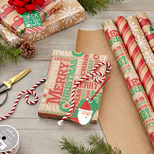 Hallmark Christmas Wrapping Paper Bundle with Cut Lines on Reverse, Kraft (Pack of 4, 88 sq. ft. ttl) Red Trucks, Snowflakes, Stripes, Merry Christmas (5JXW1038)