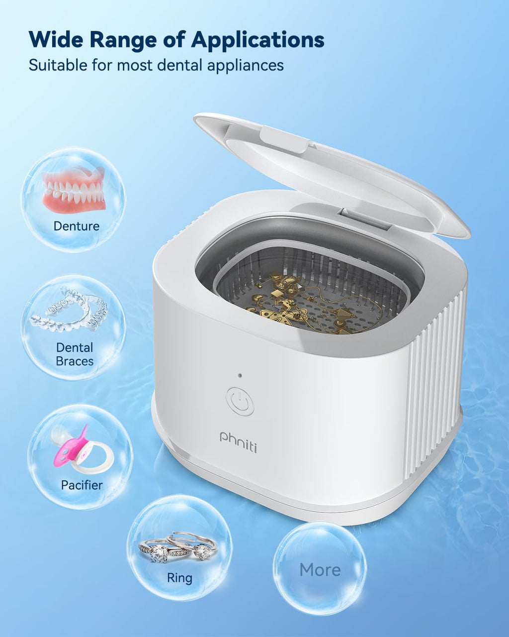 Ultrasonic Jewelry Cleaner, Phniti 46kHz Professional Portable Ultrasonic Retainer Cleaner Machine with Timer for Dental Retainer, Mouth Guard, Watch, Ring, Diamond - Household Use, White