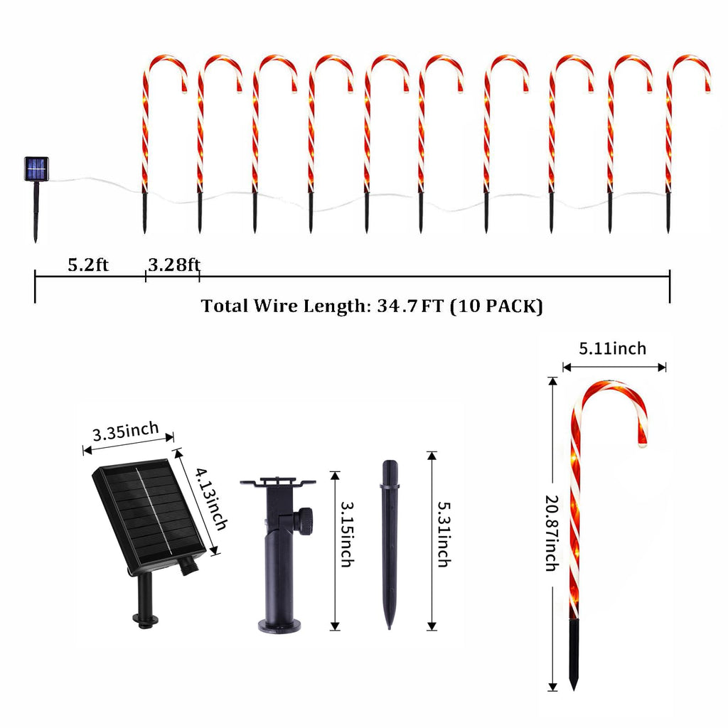 Bstge Christmas Decorations Outdoor, 10 Pcs Candy Cane Lights, 21'' Solar Pathway Lights with 8 Lighting Modes, Waterproof Garden Lights for Christmas Patio Yard Walkway Decorations