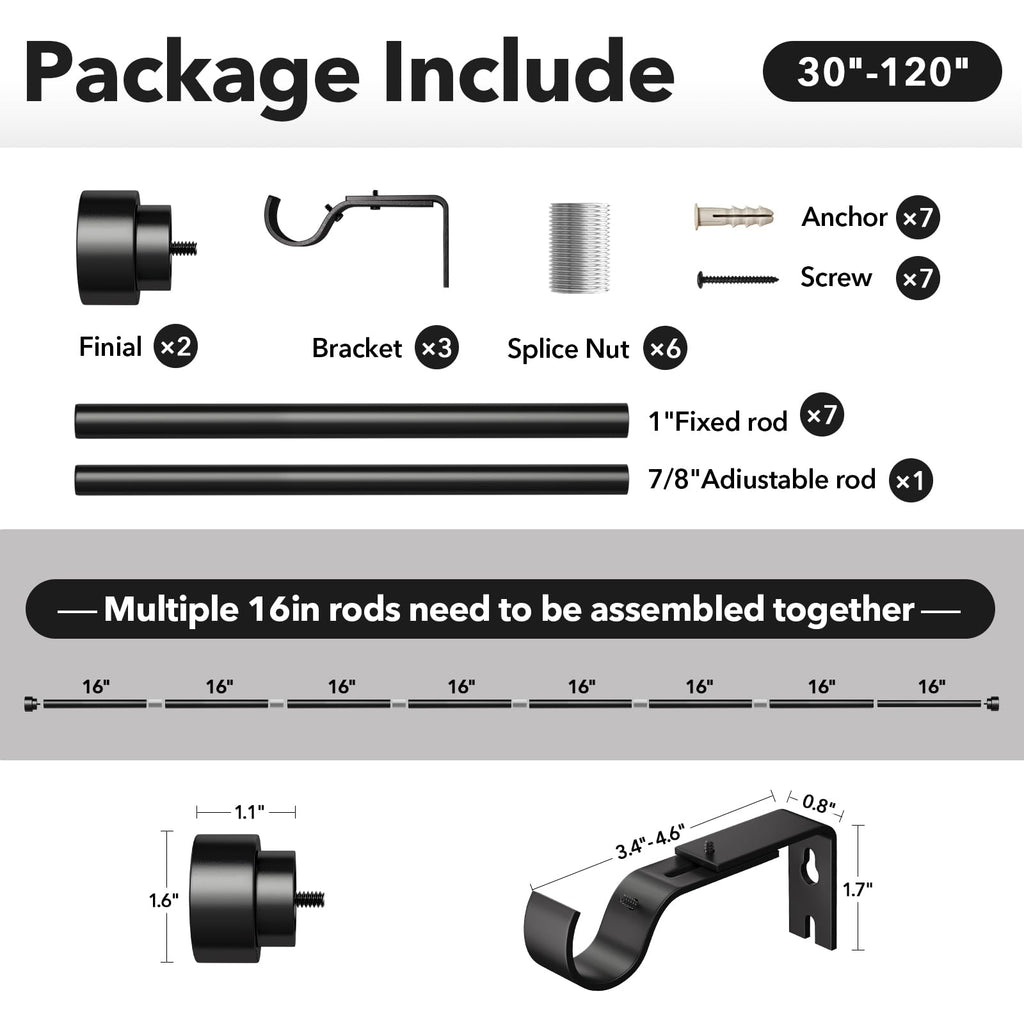 IFELS Heavy Duty Curtain Rods for Windows 66 to 120 Inch, 1 Inch Adjustable Black Curtain Rod Set with Easy Installation and Modern Design (A1,Black,30-120")