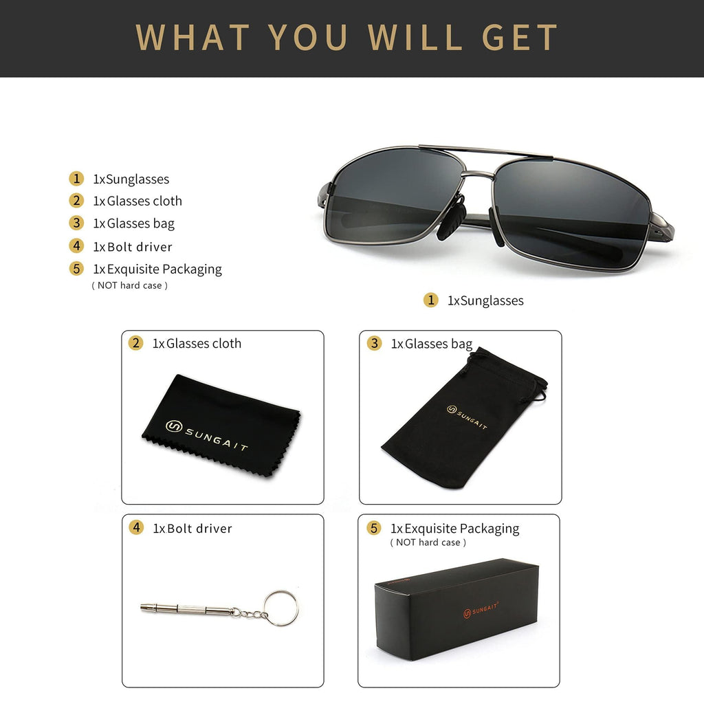 Ultra Lightweight Rectangular Polarized Sunglasses Men UV400 Protection (Gunmetal Frame Gray Lens, 62) Metal Frame SGT458 QKH-CA