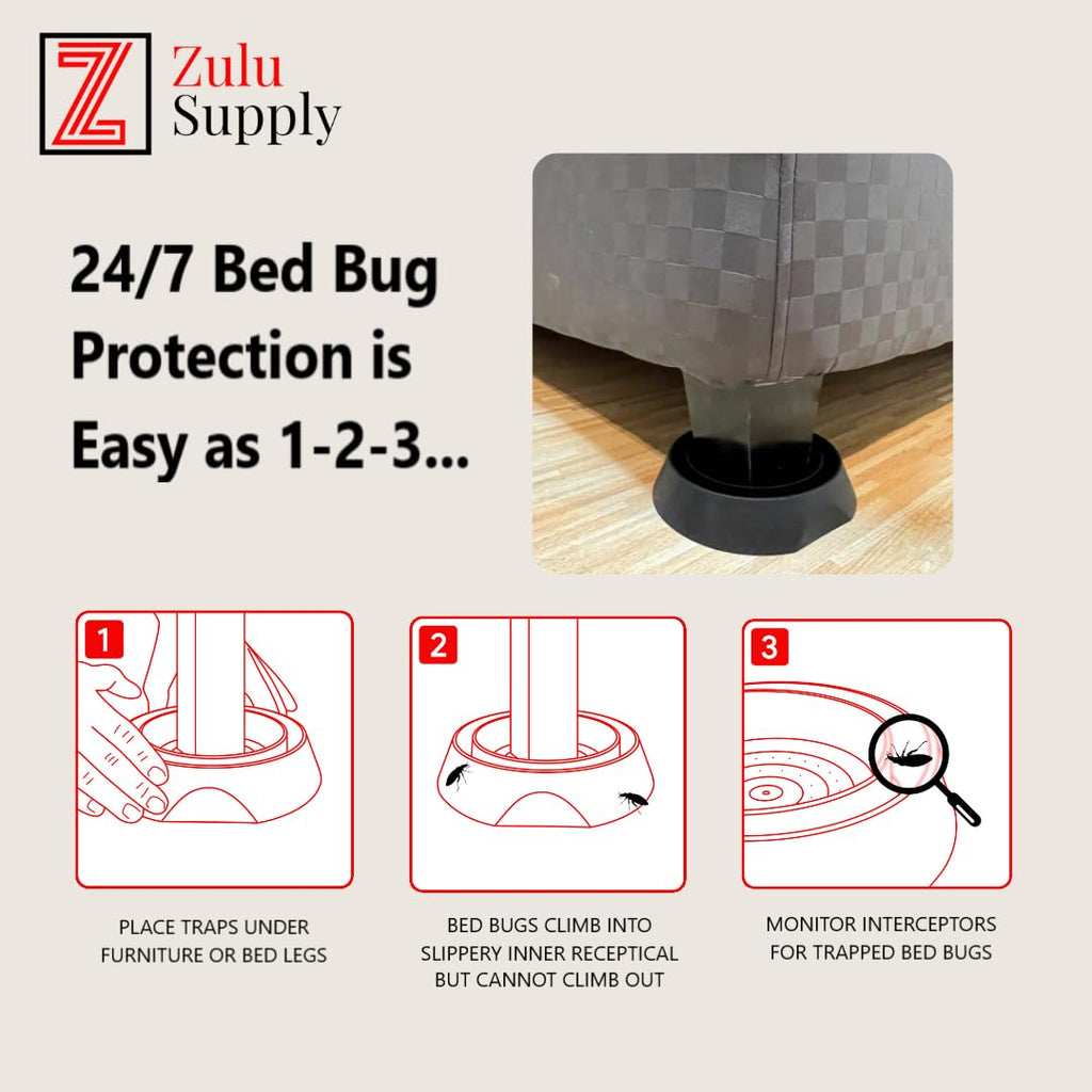 Zulu Supply Bed Bug Interceptors, Traps, Bedbug Monitor, Insect Detector for Bed Legs or Furniture (Black 12-Pack)