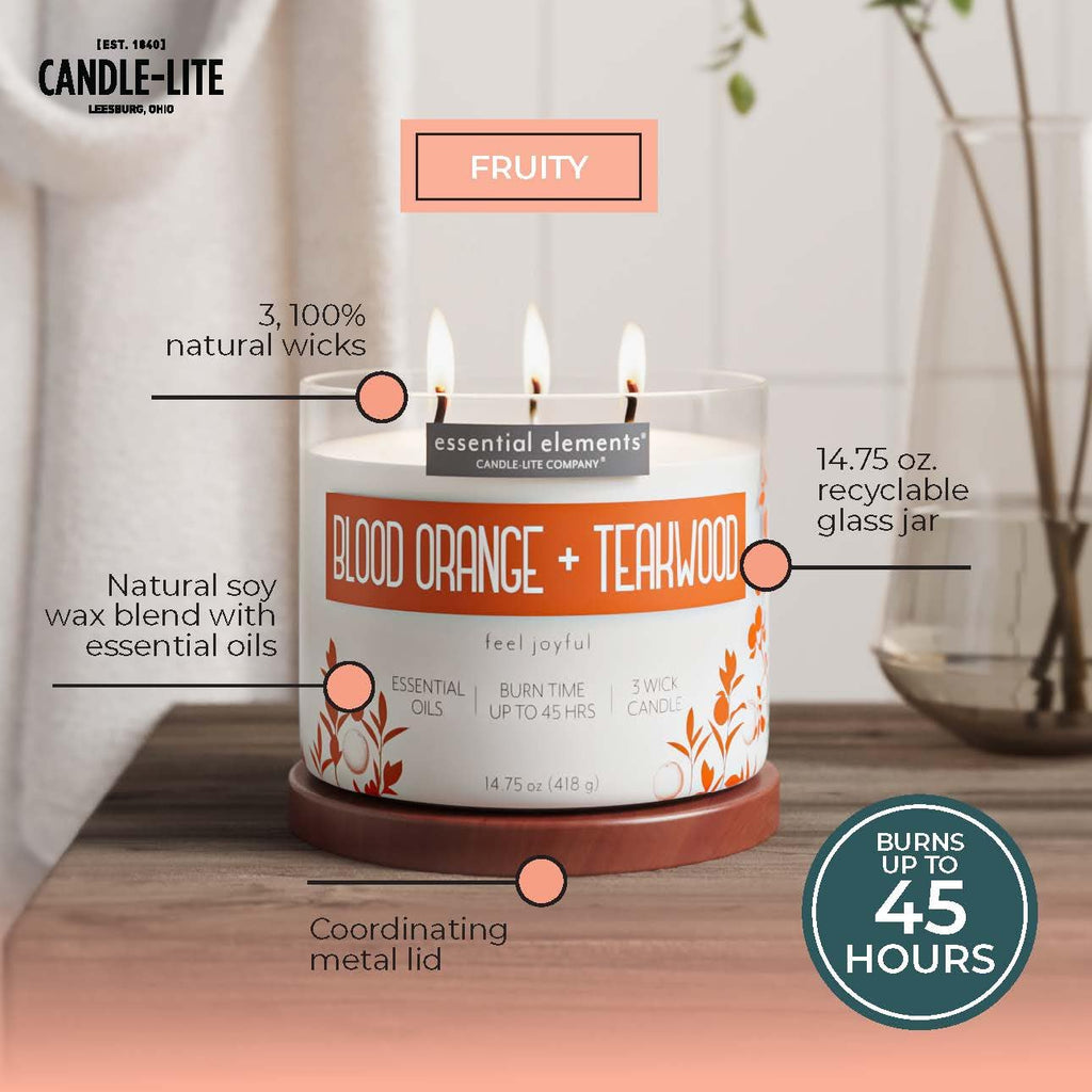 Essential Elements by Candle-lite Scented Candles, Blood Orange & Teakwood Fragrance, One 14.75 oz. Three-Wick Aromatherapy Candle with 45 Hours of Burn Time, Off-White Color