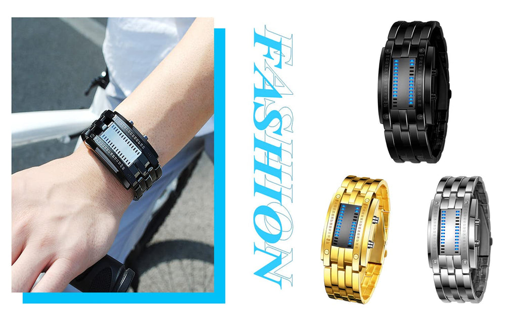 Fashion Mens Binary Sports Watch Digital LED Matrix Waterproof Outdoor Casual Black Bracelet Blue Backlit Men's Square Watch (Black)