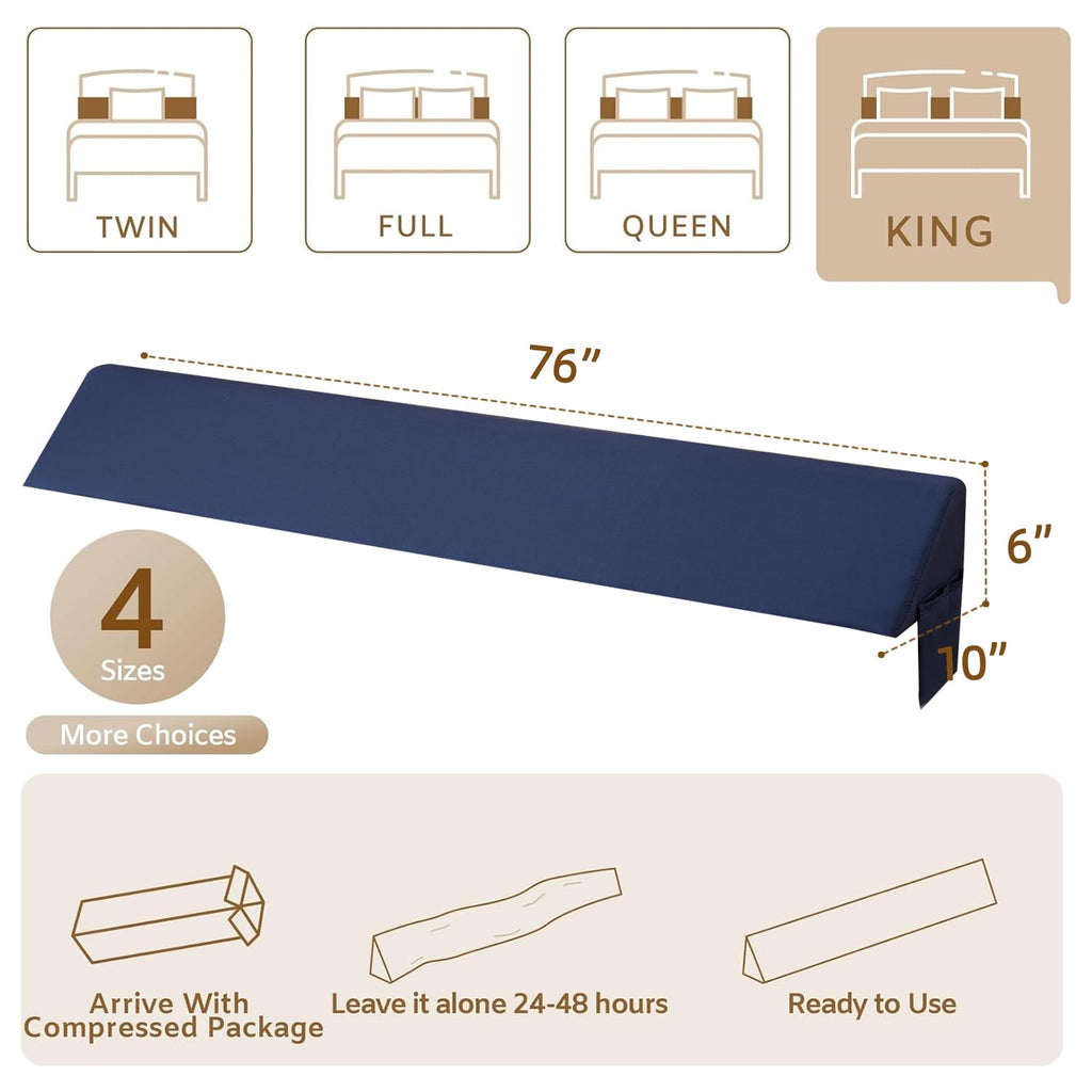Bedluxe King Wedge Pillow Headboard (76"x10"x6"), Bed Wedge Pillow for Headboard, Foam Headboard Pillow, Bed Gap Filler King - Fill The Gap (0-7"), Mattress Gap Filler (Navy)