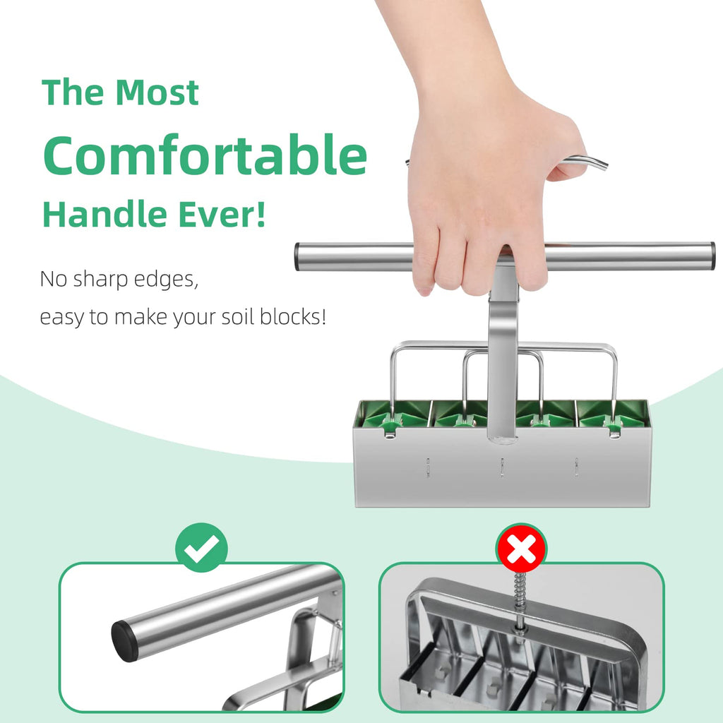 Soil Blocker with Comfortable Handle, 4 Cell Soil Block Maker 2 Inch Mold Blocking Tool for Seed Starting Germination, Grow Seedling No Transplant Shock