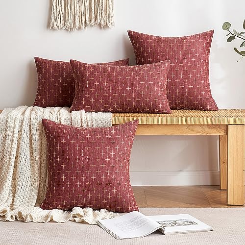 MIULEE Pack of 2 Christmas Decorative Burlap Linen Throw Pillow Covers Modern Farmhouse Pillowcase Rustic Woven Textured Cushion Cover for Sofa Couch Bed 18x18 Inch Wine Red
