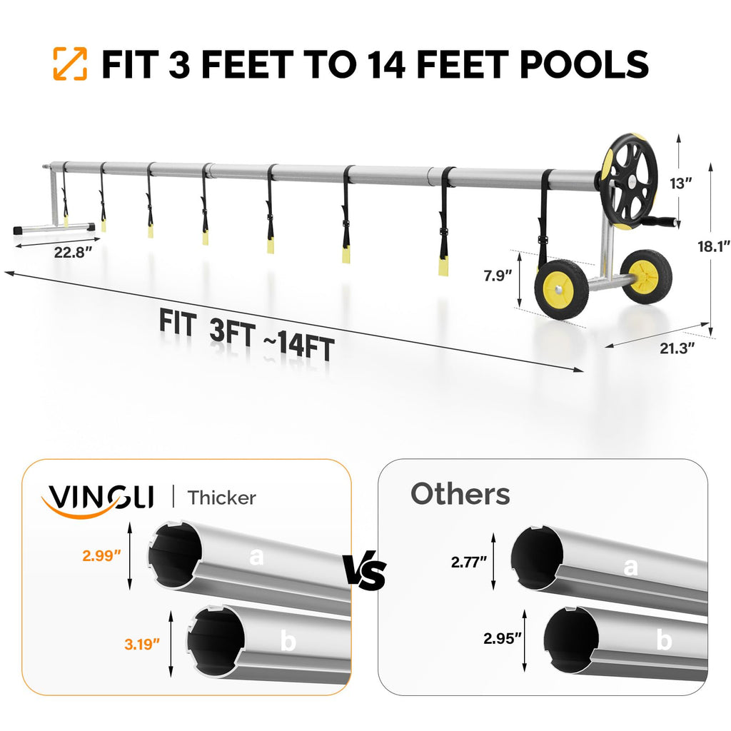 VINGLI Pool Cover Reel Set Pool Solar Cover Reel for Inground Swimming Pool, Aluminum Solar Swimming Inground Cover Blanket Reel (Upgrade) (14 Feet)