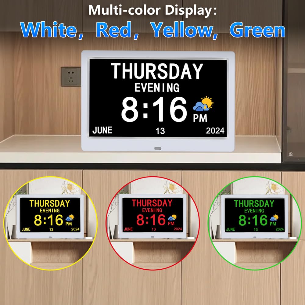 AINFTIME Digital Clock with Date and Day of Week for Elderly-12 Alarms Medication Reminder Dementia Alzheimers Clock Calendar with Extra Large Display (10.1 inch White)
