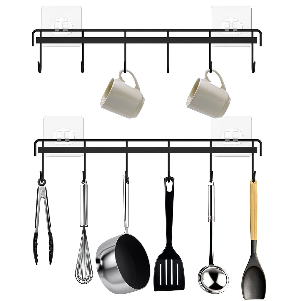 HOMEBROS Kitchen Utensil Hanger, Adhesive Utensil Holder Wall Mount Kitchen Rack Rail with 12 Hooks, Space Saving and No Drilling, Black, 2 Pcs