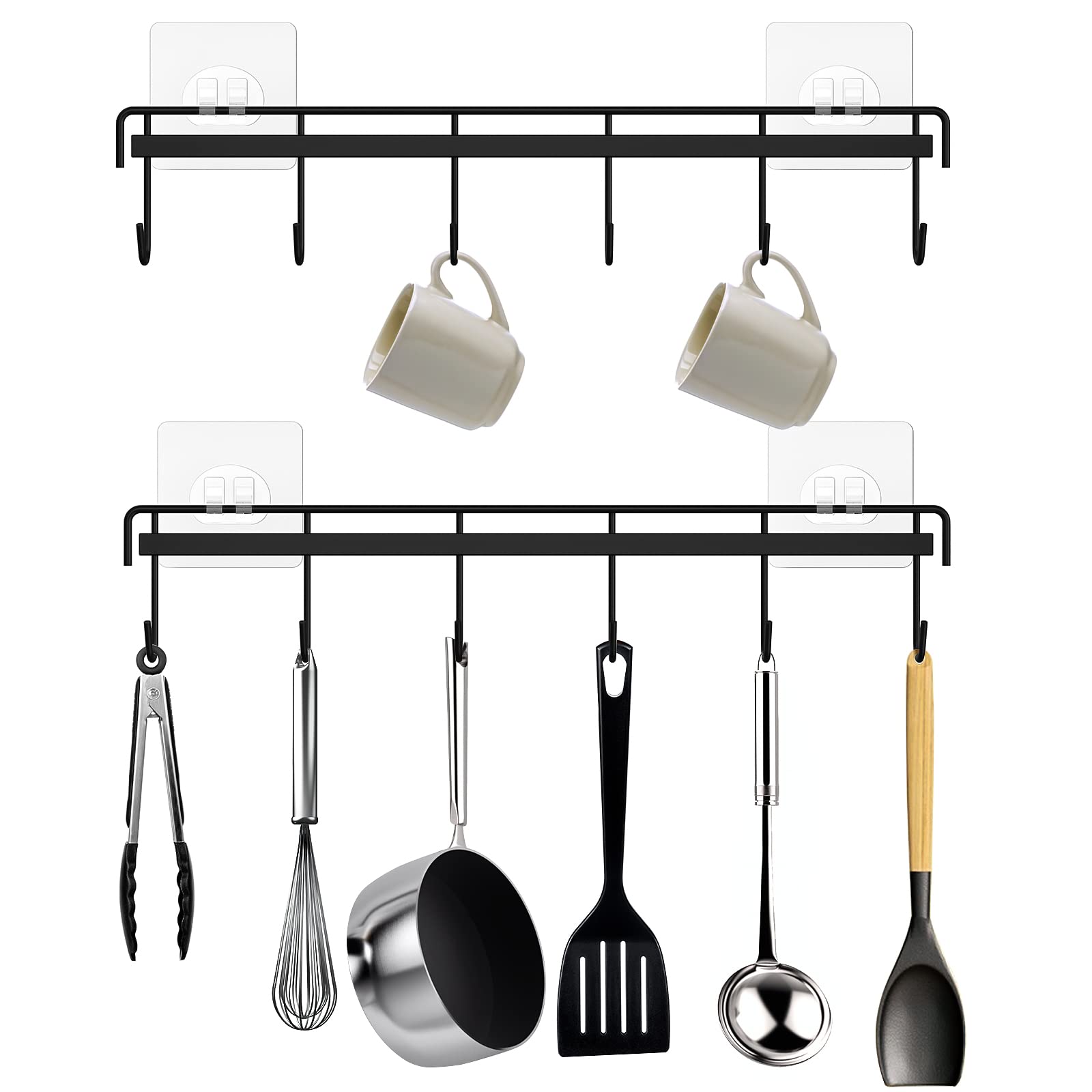 HOMEBROS Kitchen Utensil Hanger, Adhesive Utensil Holder Wall Mount Kitchen Rack Rail with 12 Hooks, Space Saving and No Drilling, Black, 2 Pcs