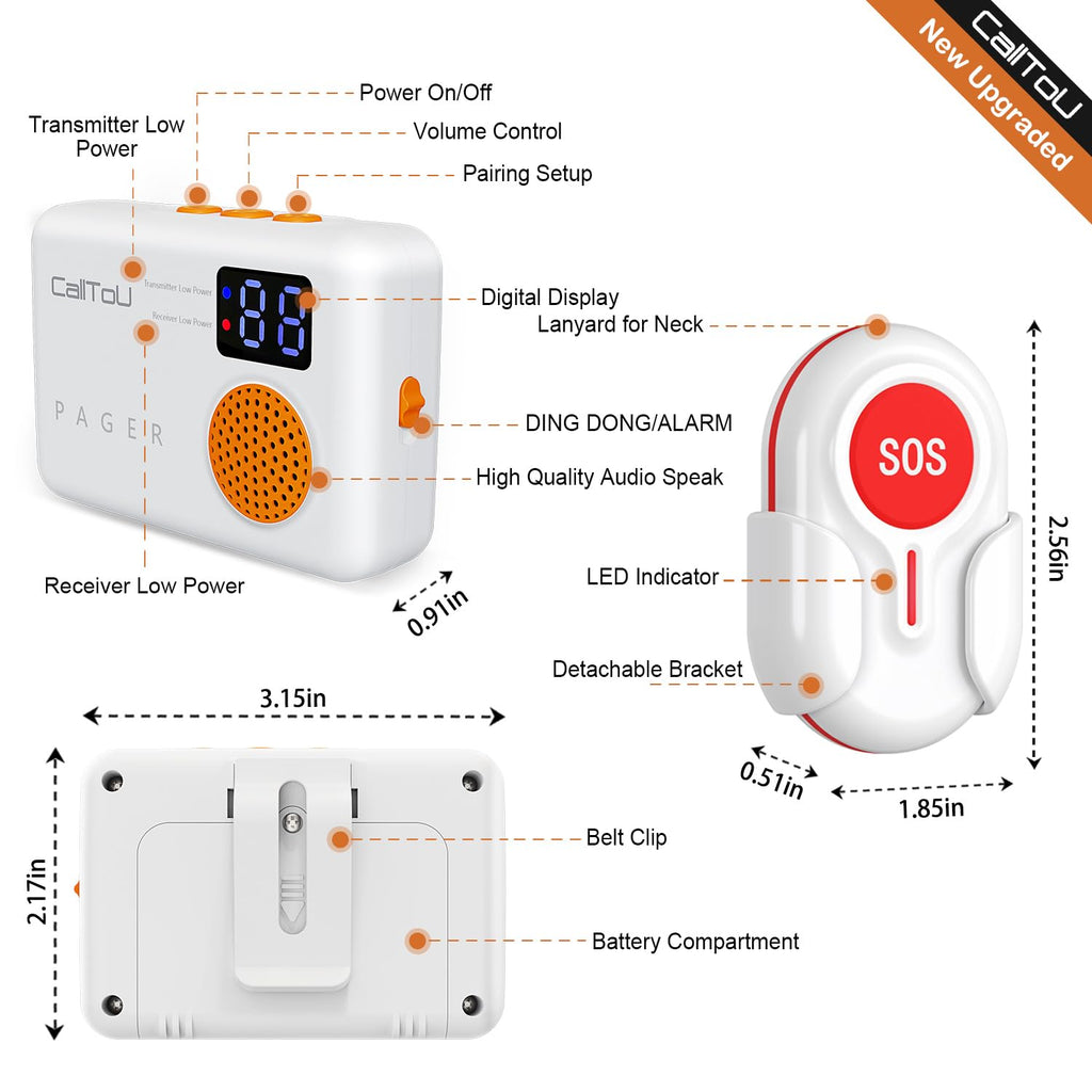 CallToU 1000FT Caregiver Pager Wireless Call Button Elderly Monitors with Vibration Digital Display Low Power Reminder, Nurse Alert Button Call Bell for Patients 2 Portable Receiver 3 SOS Call Button