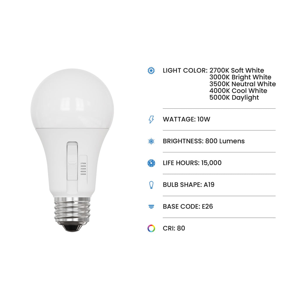 Feit Electric A19 LED Light Bulb, 60W Equiv, Non-Dimmable, Selectable Color Temperatures (2700K-5000K), 800 Lumens, General Purpose Light Bulbs, 17,000-Hour Lifetime, OM60/5CCT/15KLED/10, 10 Pack