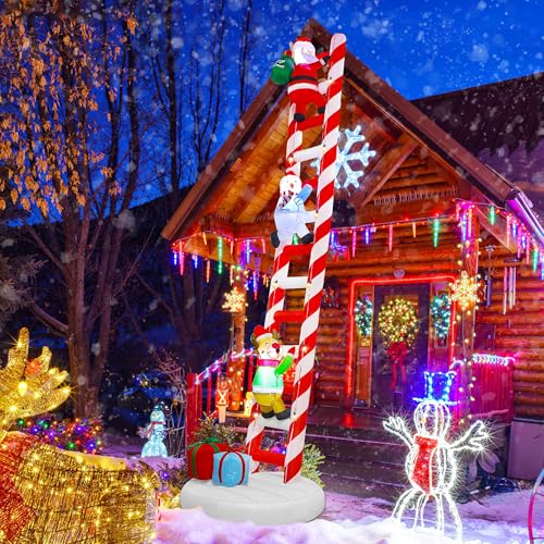 Joliyoou 10FT Christmas Inflatable Decorations, Giant Lighted Ladder Blowups Climbed with Reindeer, Santa, Snowman, C7 String Lights for Xmas Winter Holiday Roofs Trees Balconies Decor